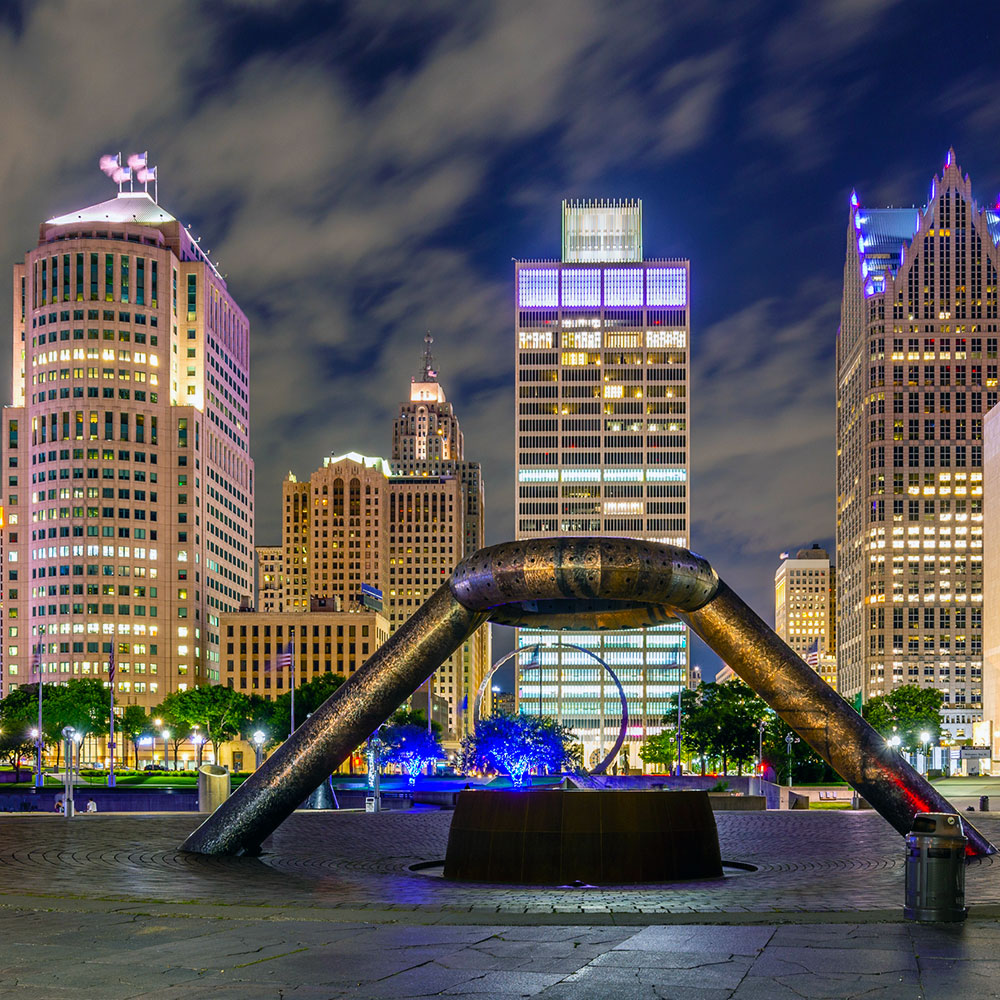 Detroit nighttime skyline